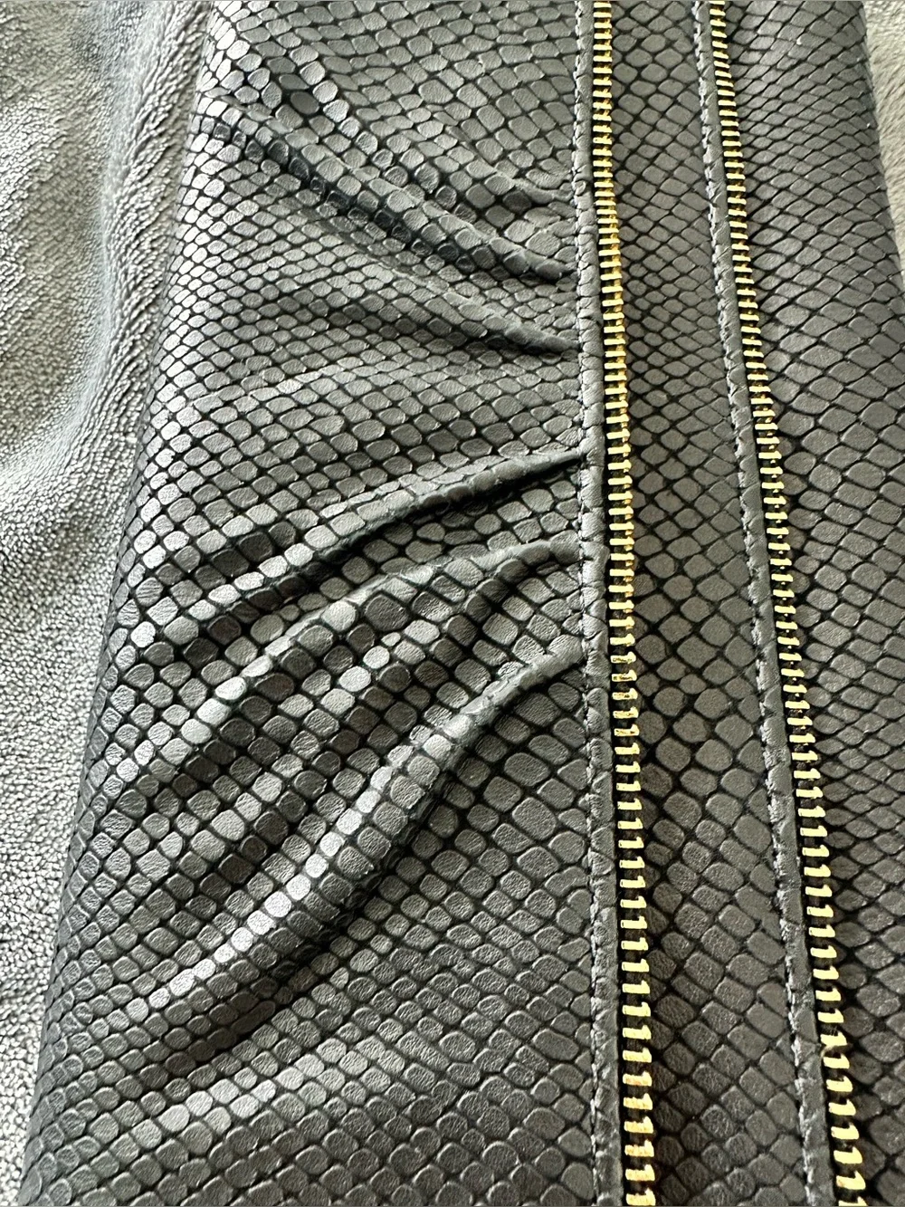 Lauren Merkin Black Snake Embossed Leather Foldover Clutch Gold Zip